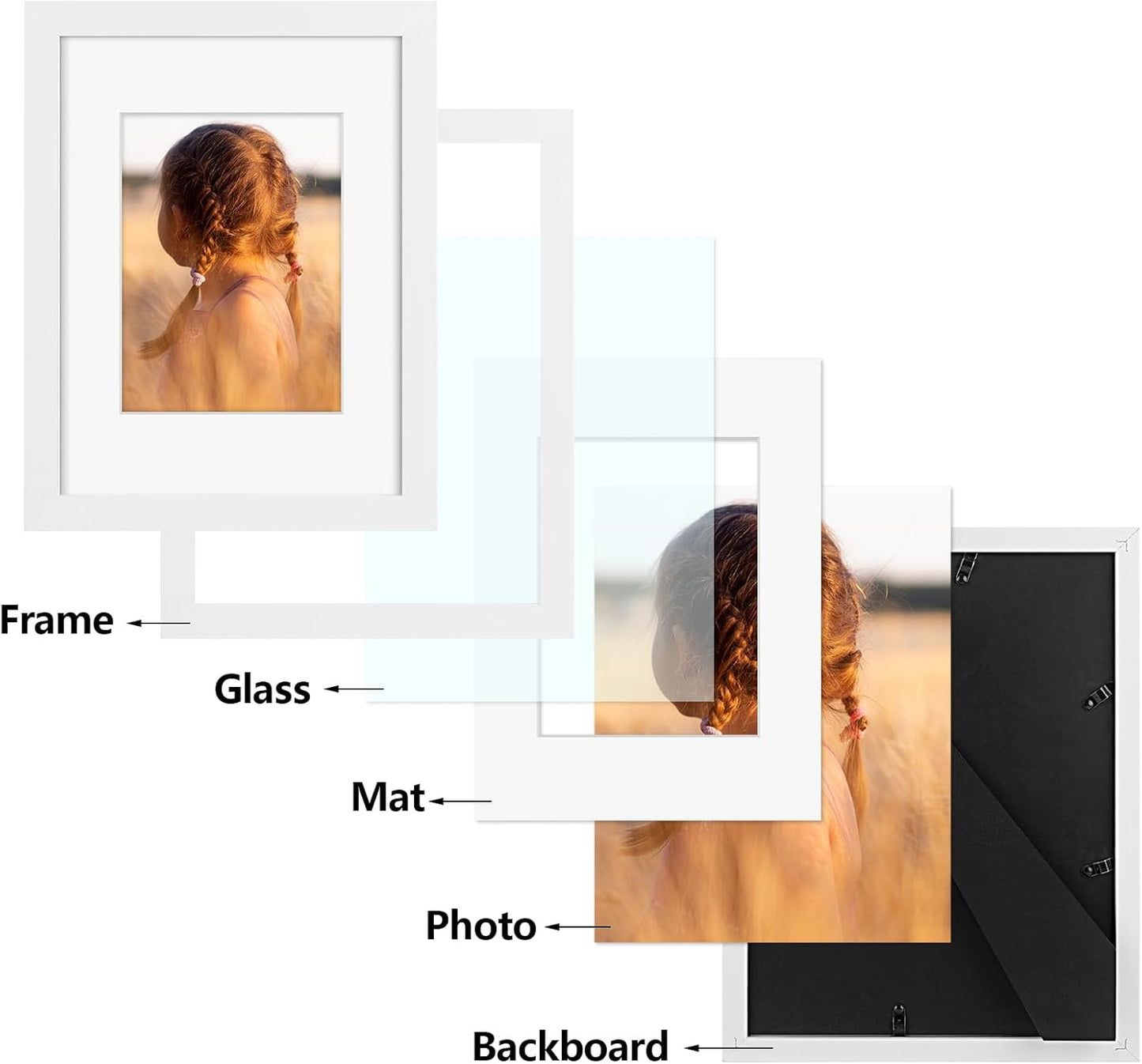 Golden State Art, 9x12 Picture Frame with Mat for 6x8 - High Definition Glass Wall Mounting Horizontal Vertical Display (White, 2 Pack)