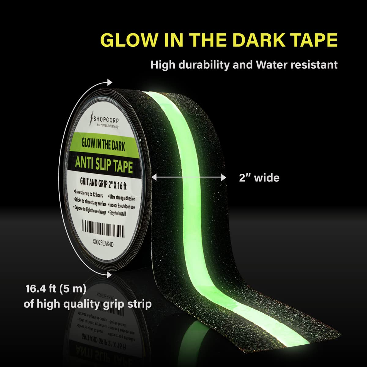 Anti Slip Glow in The Dark Traction Tape 2Inch x 16ft – Heavy Duty Adhesive Grip Non Skid Tape for Stairs Waterproof Safety - Outdoor/Indoor - Neon Strips Walk Black - 1 Pack