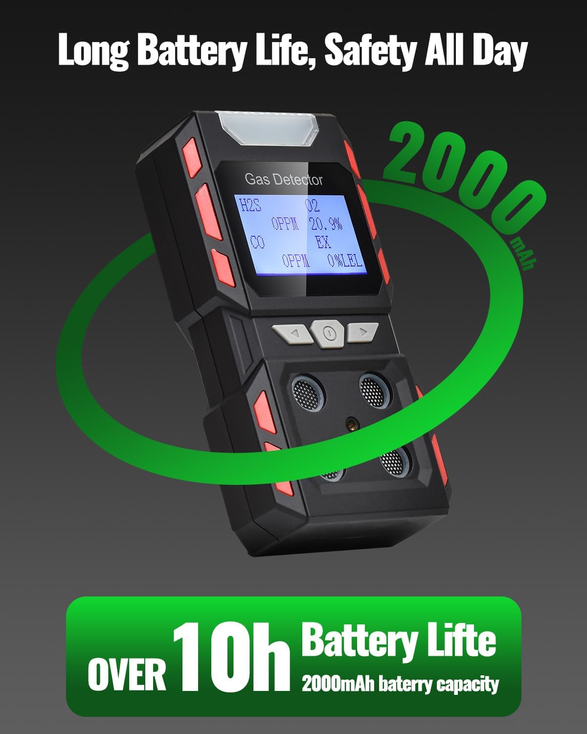 4 Gas Monitor, Gas Detector for H2S, CO, LEL and O2, Factory Calibrated Multi Gas Meter with Vibration, Visual and Audible Alarms, Over 10H Battery Life, Fast Response, Gas Analyzer for Work, Home