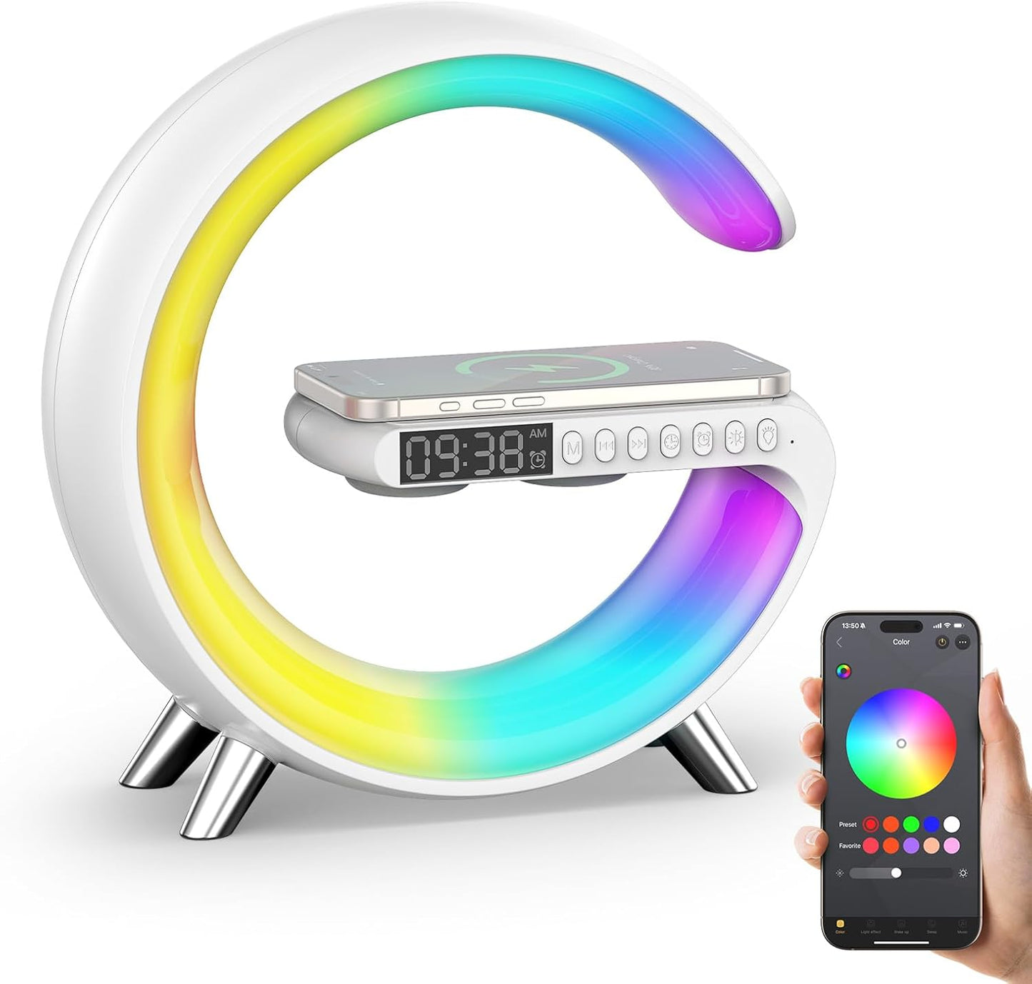 Smiling Shark Wake Up Light, Wireless Charger Atmosphere Desk Light with Bluetooth Speaker White Noise App Control Dimmable Sunrise & Sunset Simulation Dual Alarm Clock Smart Light for Home Decor
