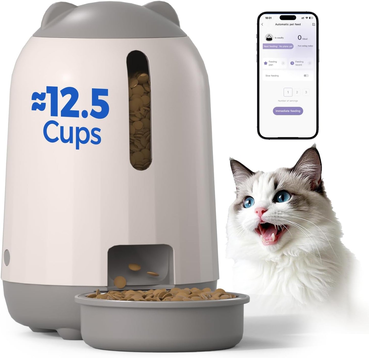 PAPIFEED Automatic Cat Feeder, 2.4G WiFi Auto Cat Food Dispenser with App Control, 3L Auto Pet Feeder with Dual Power Supply, Detachable for Easy Clean for Cats and Small Dogs, Grey