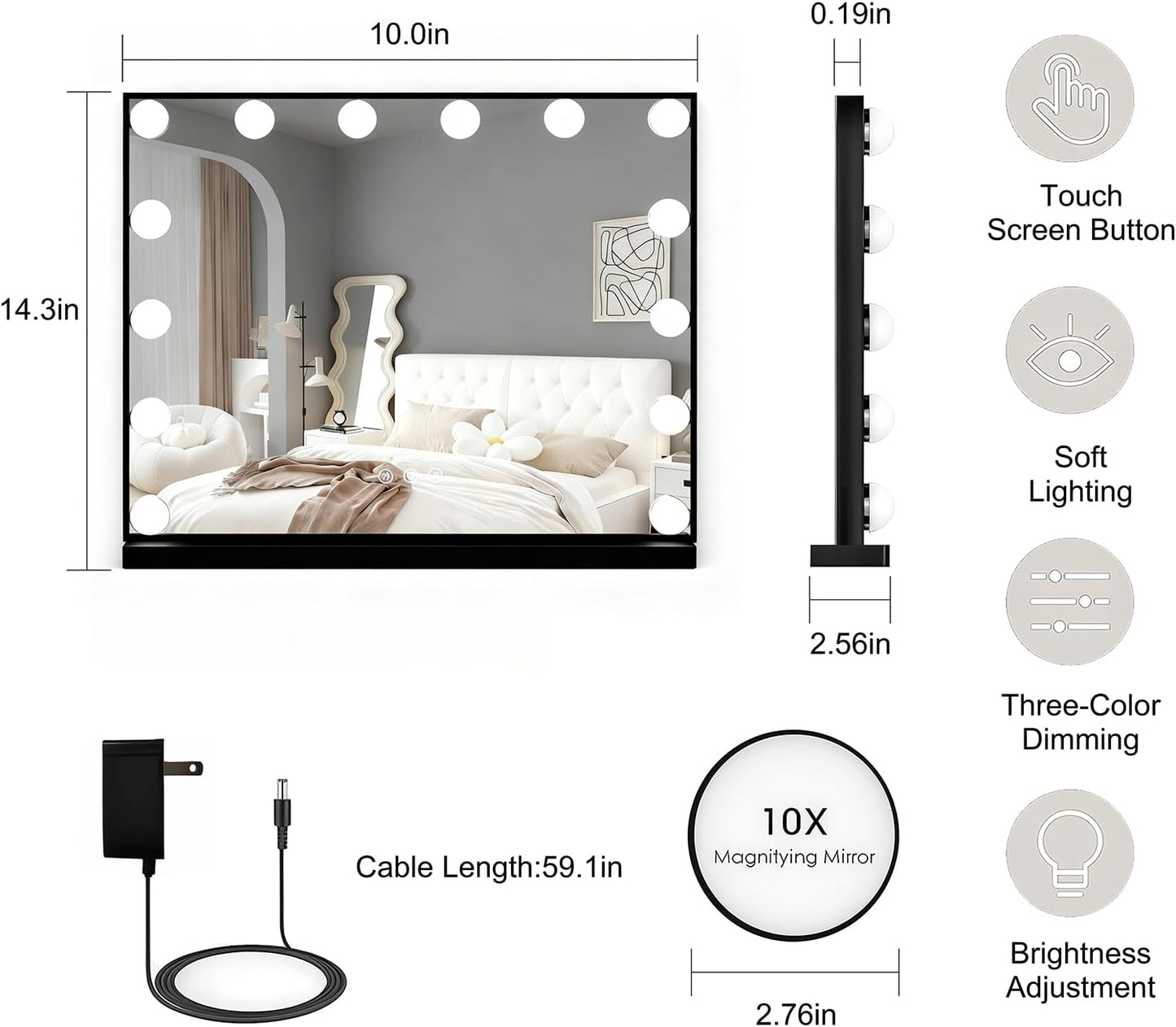 Lighted Vanity Mirror, Hollywood Style, 14.5 Inch LED Makeup Mirror, White/Black, Metal Frame, 10x Magnification, 3 Dimming Modes, Smart Touch Control (Black)