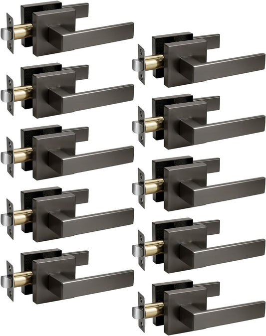 KNOBWELL 10 Pack Gunmetal Black Door Handles Interior Modern Square Door Knob for Closet Hallway Pantry