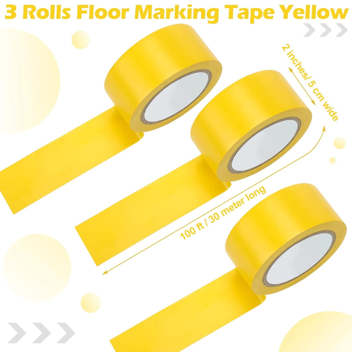 Outus Floor Marking Tapes 2" Width 100' Length Yellow Durable Non Abrasive Tough Floor Tape for Social Distancing, Gyms, Athletics, School, Restaurants, Equipment, Heavy Foot Traffic(3 Rolls)