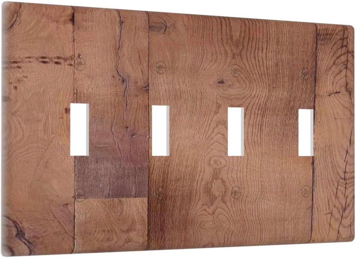 Rustic Brown Dark Wood Texture Printing Light Switch Covers Quad Toggle Electrical Faceplate 4 Gang Wall Plate Decorative Switch Plates For Farmhouse Cabin Decor