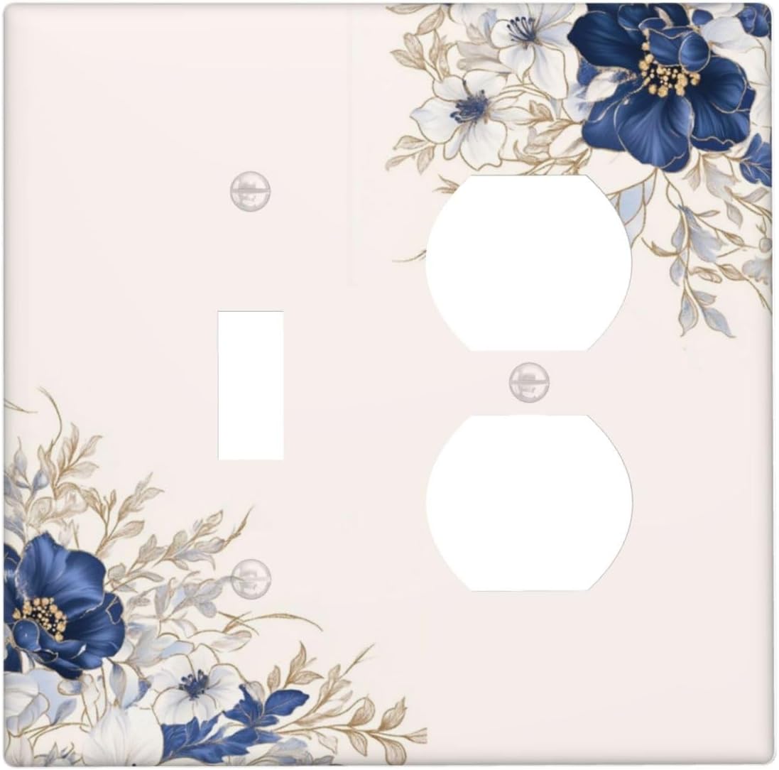 Decorative Outlet Covers Rustic Blue White Flowers Floral Penoy 2 Gang Wall Plate Cover Single Toggle Duplex Combo Two Switch Light Switch Cover Plate Jumbo Face Plate