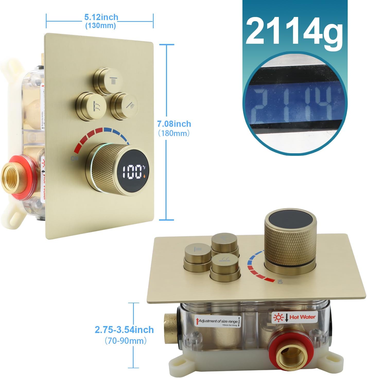 Digital Display Shower Valve Shower Valve 3 Way Shower Diverter Valve Shower Mixing Valve Can Use All the Time Brushed Gold