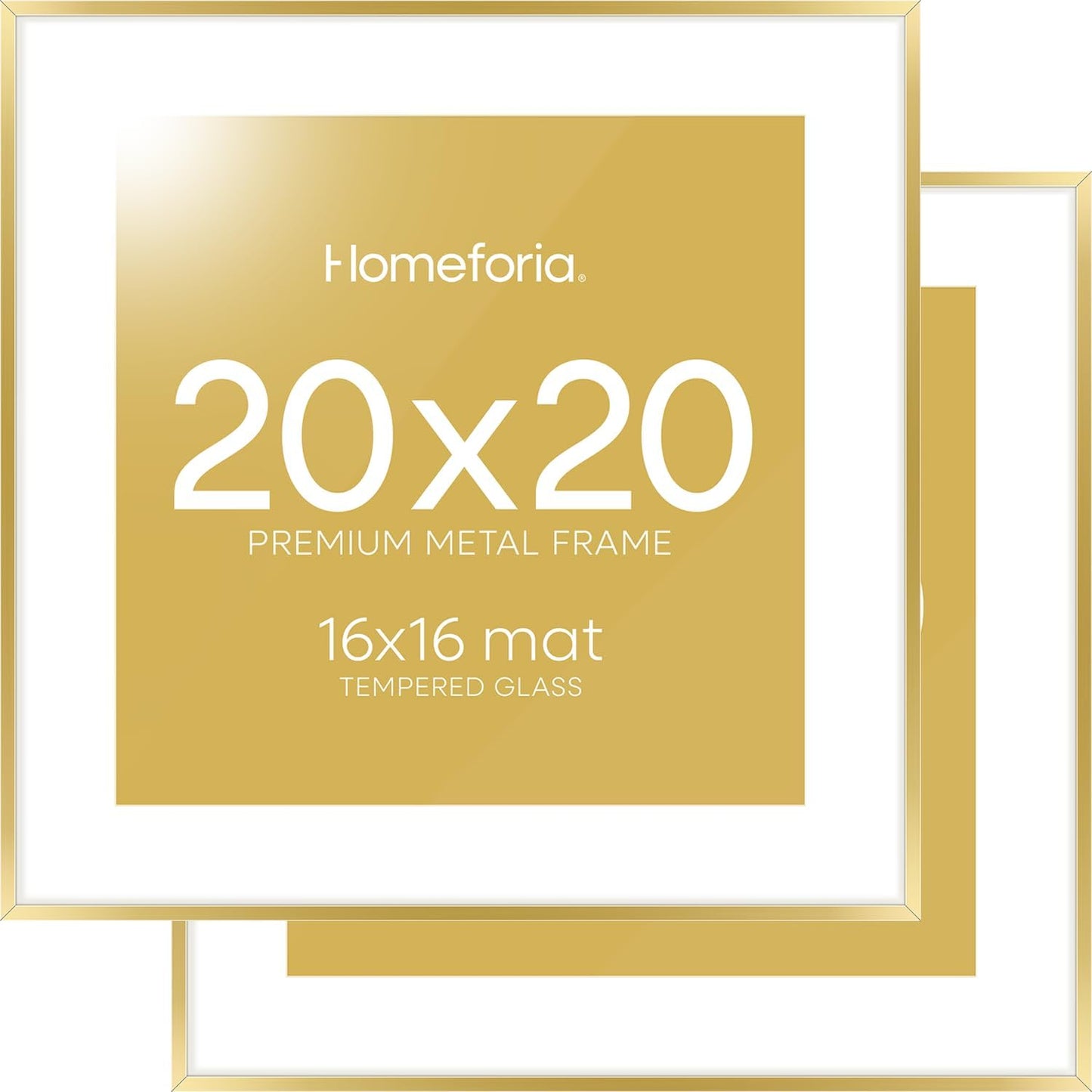 Homeforia 20x20 Picture Frame Gold, High End Metal 20 x 20 Square Poster Frame with Mat 16 x 16 Photo, 20x20 Frame Matted to 16x16 Print, 20by20 Gold Hanging Frames, Tempered Glass, Wall Kit, Set of 2