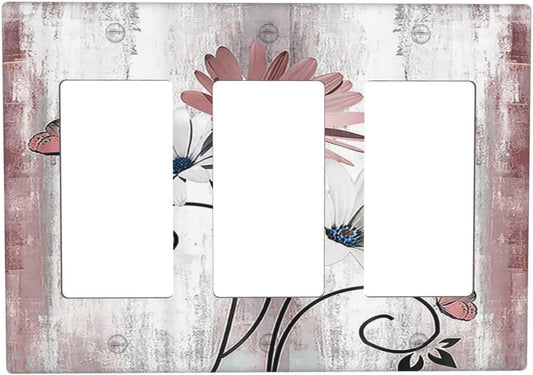 Light Switch Covers Pink White Daisy Butterfly Wood Grain 3 Gang Rocker Electrical GFCI Decorative Triple Outlet Wall Plate Cover Switchplate for Farmhouse Bathroom Decor