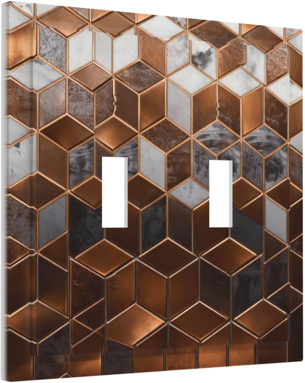 Brown Abstract Luxury Modern Geometric Cubic Marble 2 Gang Double Toggle Decorative Light Switch Covers Electrical Faceplate Switch Plates for Bathroom Kitchen Home