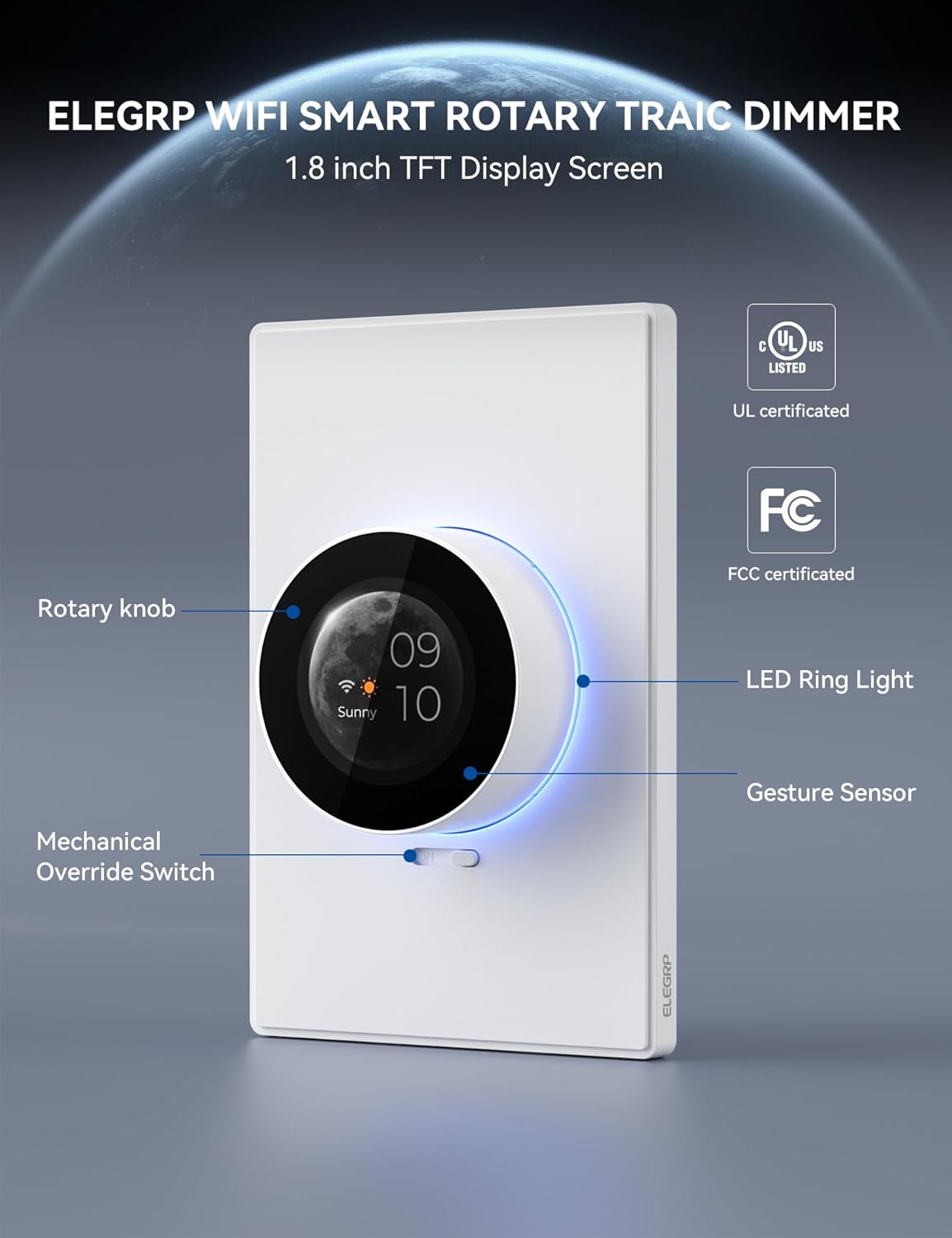 ELEGRP WiFi Smart Rotary Traic Dimmer with 1.8 inch TFT Display Screen, 3 Way, Needs Neutral Wire, 2.4GHz Wi-Fi, Compatible with Alexa and Google Home, No Hub Required, UL Listed, 1 Pack, White