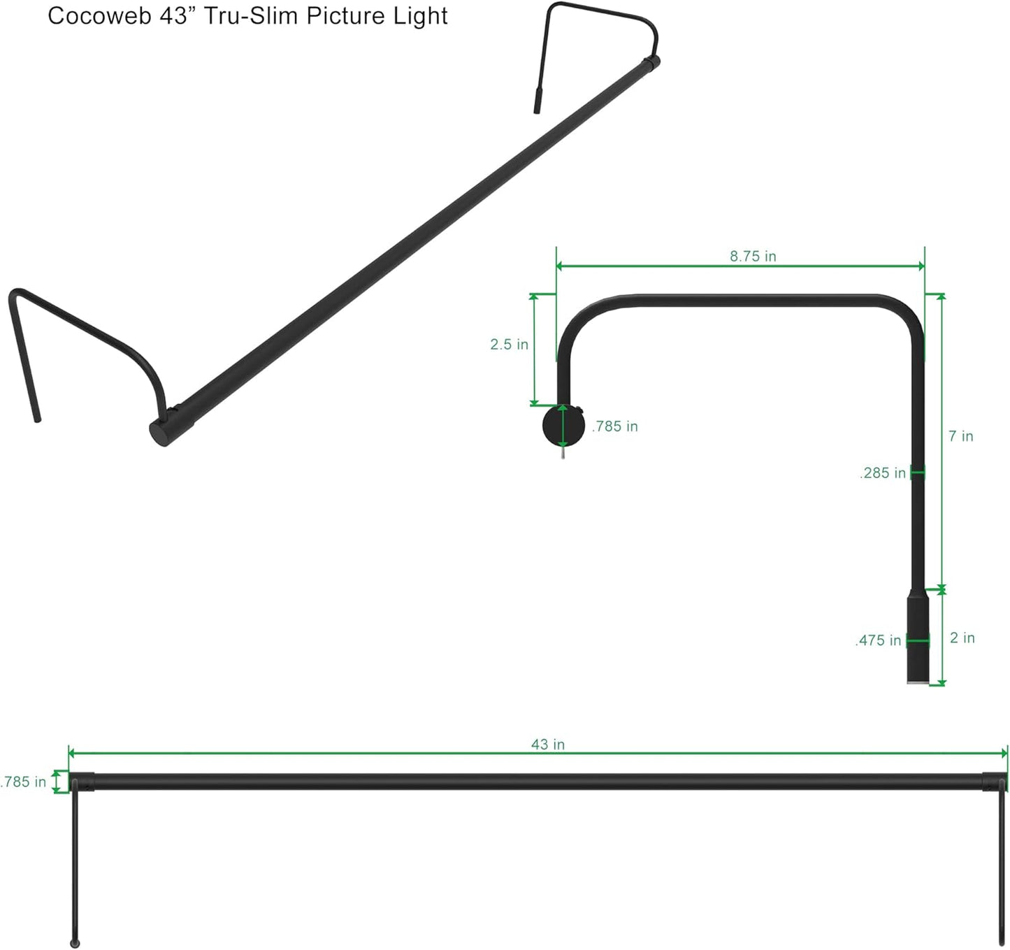 Cocoweb 43 Inch Tru-Slim Black Picture Light - LED, 2700K, Adjustable Arm, Plug-in, Toggle Switch, Sleek and Compact Design