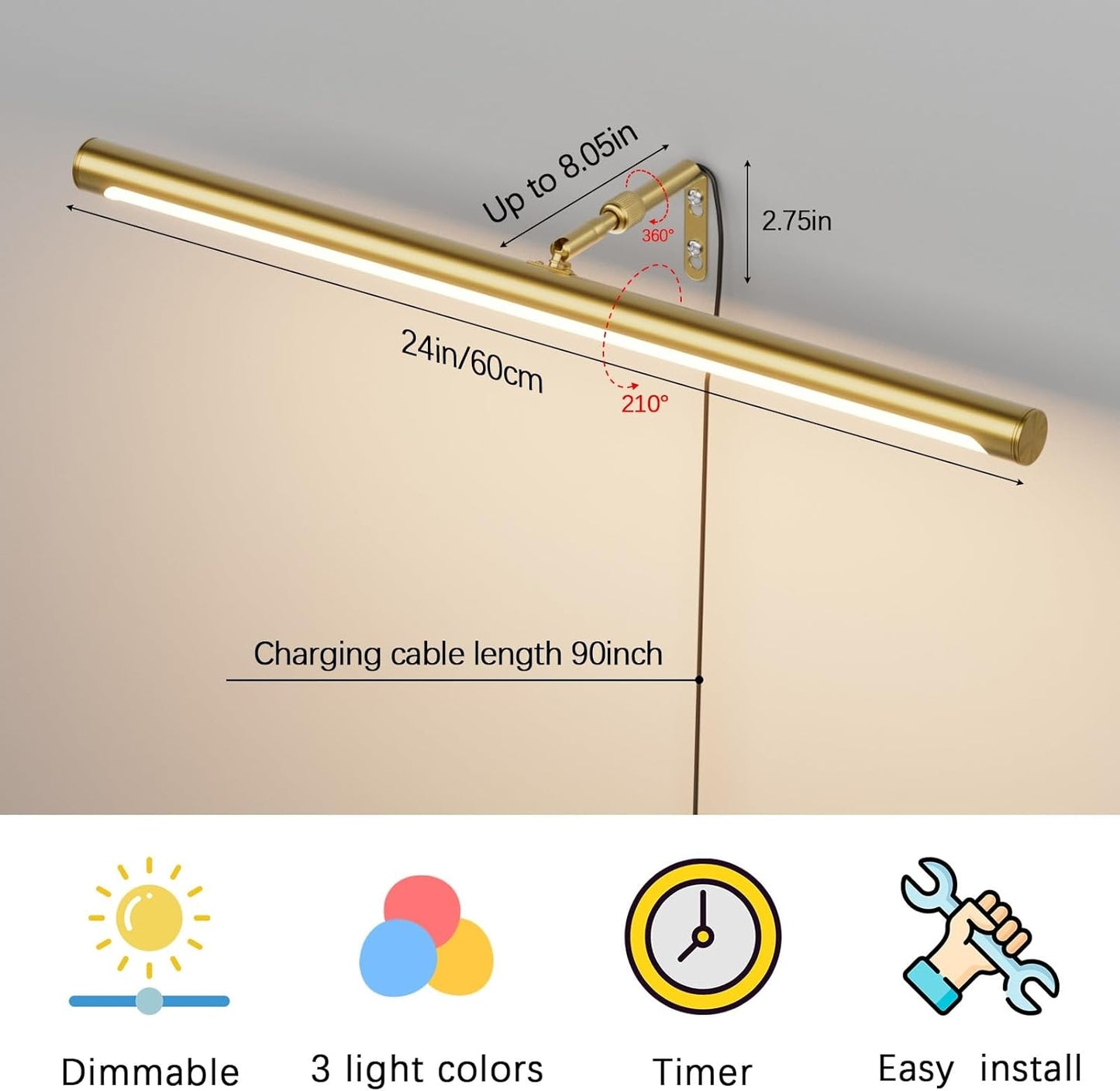 9W Picture Light Plug in, 24" Adjustable LED Art Light with Remote Control, Dimmable Wall Light for Picture Display Dartboard Art Work (Gold)