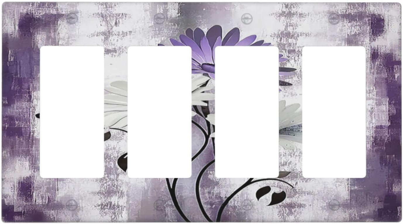 Purple Daisy White Floral Butterfly Flowers 4 Gang Wall Plates Outlet Covers Quad Rocker Light Switch Cover Plate Decorative Switch Plates GFCI Electrical Faceplate for Bathroom Bedroom 4.5 X 8 IN