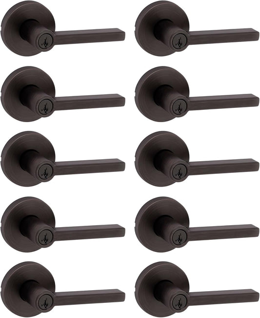 Kwikset Halifax Entry Door Handle with Lock and Key, Secure Keyed Reversible Lever Exterior, for Front Entrance and Bedrooms, Venetian Bronze, 10 Pack, Pick Resistant SmartKey Rekey Security