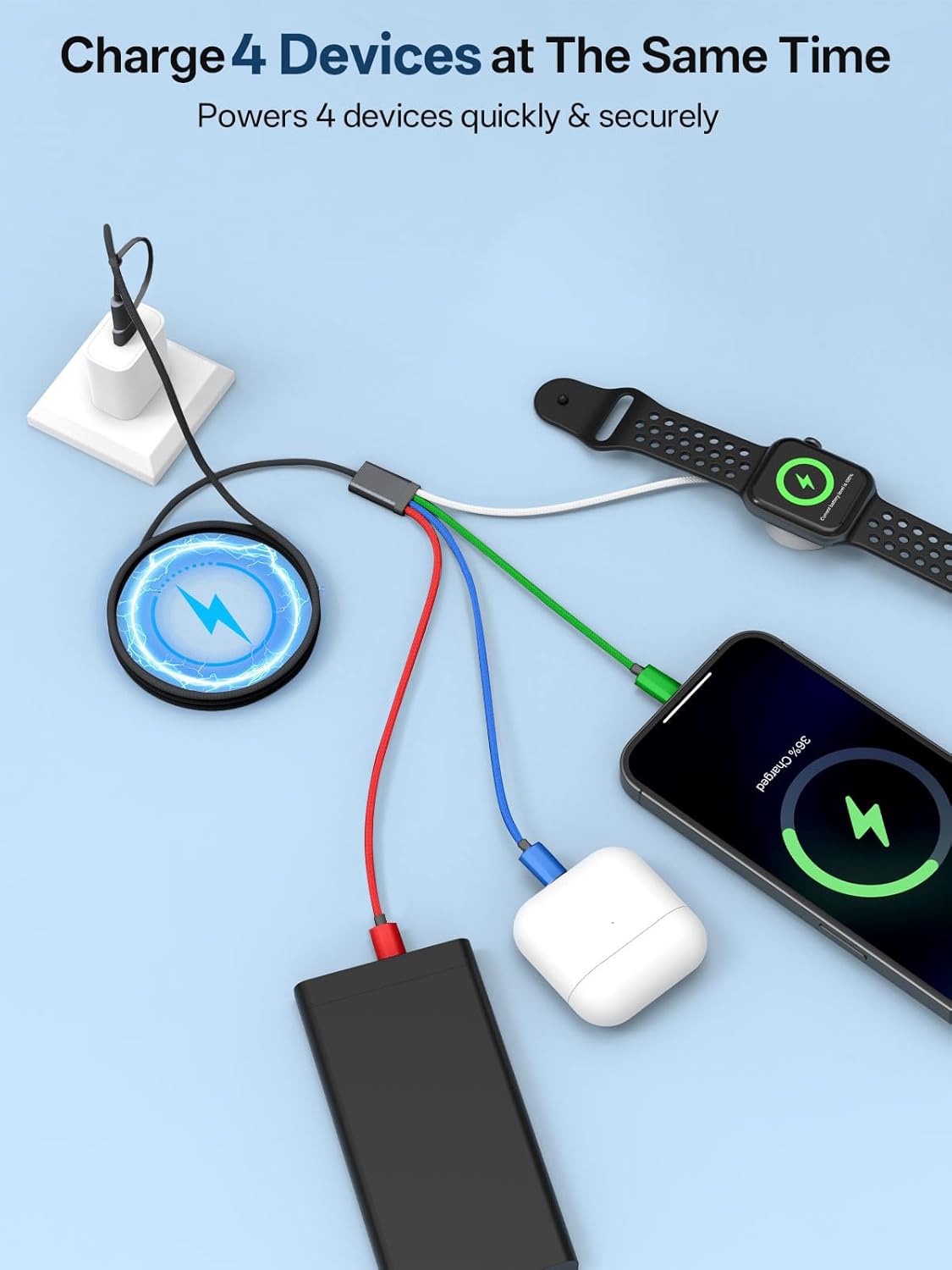 Travel Essentials, 4 in 2 Multi Charging Cable for Apple Watch Charger/iPhone Charger,USB C Cable Cord for iPhone 17-11/iWatch Ultra/10-2/Galaxy S25-S20, Android Phones, MP3-MultiColor,4FT