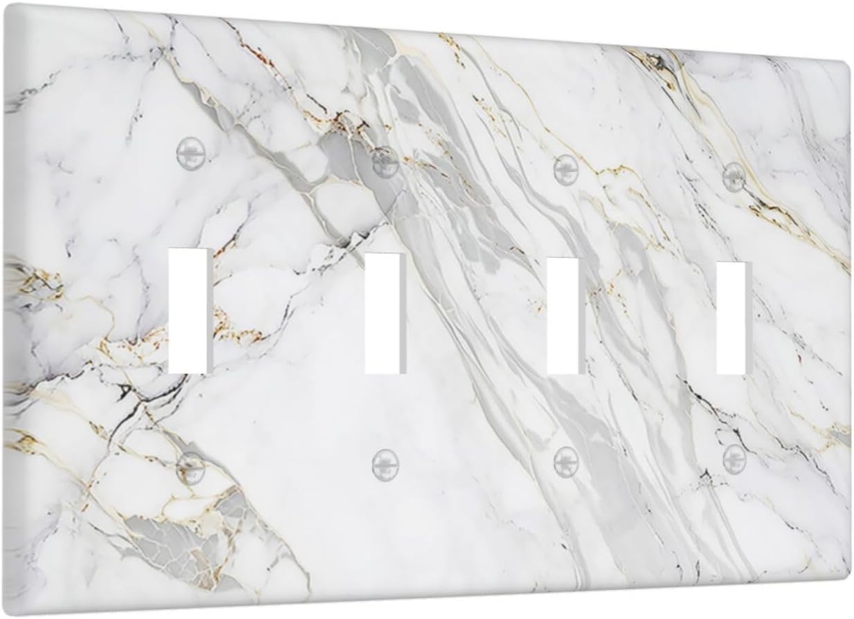 Light Switch Cover Plate Gray Gold Marble Abstract Modern Luxury 4 Gang Quad Toggle Wall Plate Electrical Outlet Cover Decorative Switch Plate Covers for Bedroom Home Decor