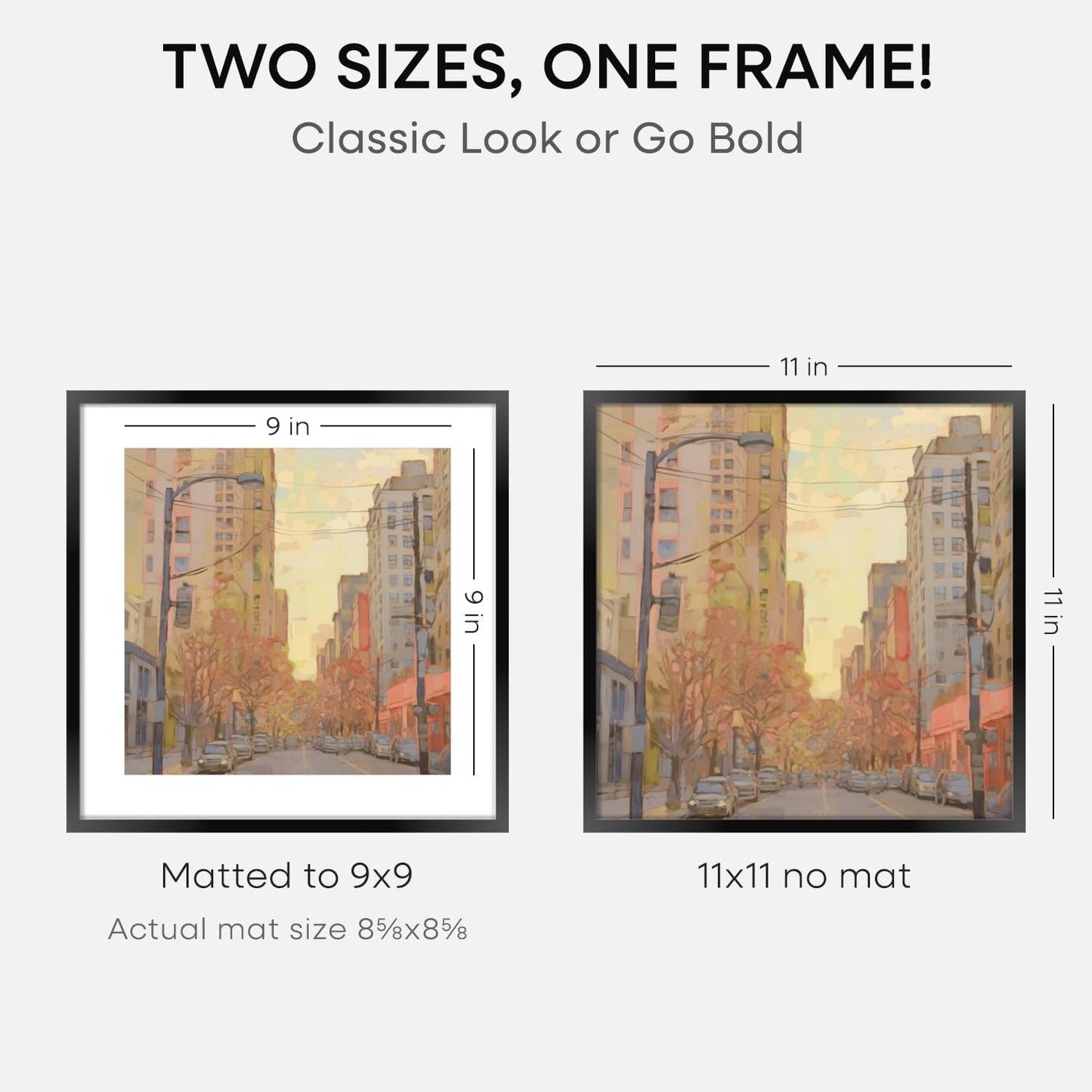 Homeforia 11x11 Picture Frame Black, High End Metal 11 by 11 Square Frames with Mat 9 x 9 Opening, 11by11 Poster Frames Matted to 9x9 inch Photo, Wall Hanging Frame, Tempered Glass, Wall Kit, Set of 2