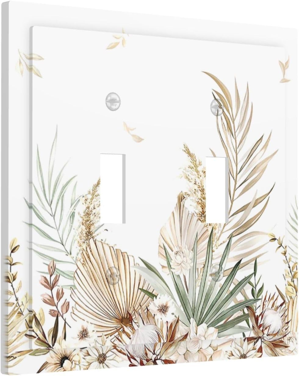 Decorative Switch Plates Boho Leaves Watercolor Tan Leaf Floral Plant 2 Gang Double Toggle Wall Plate Outlet Light Switch Cover Electrical Faceplate for Bedroom Home Decor