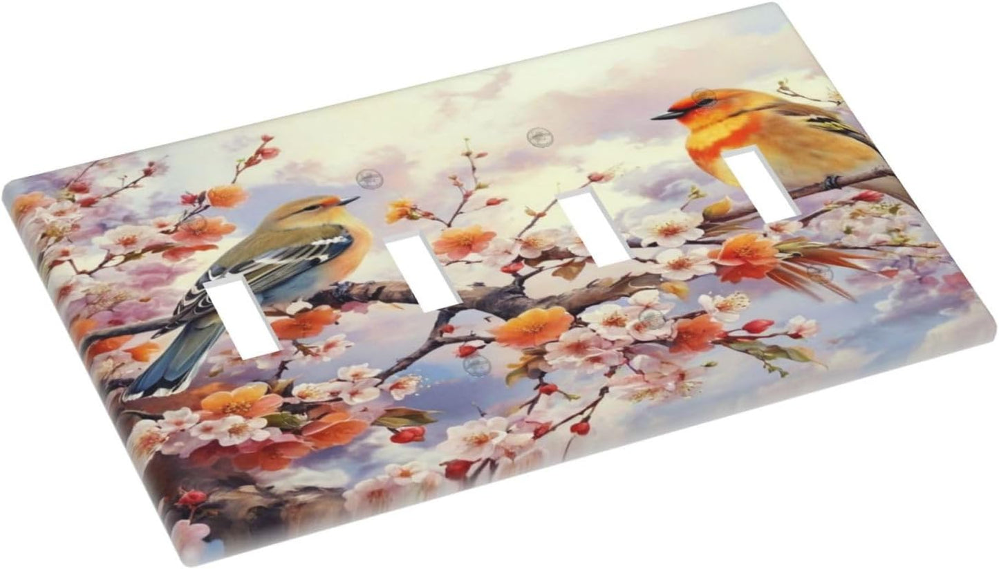 Birds Sitting on Flowers Tree Branch Light Switch Covers Quad Toggle 4 Gang Wall Plate Decorative Switch plate Electrical Faceplate for Farmhouse Living Decor