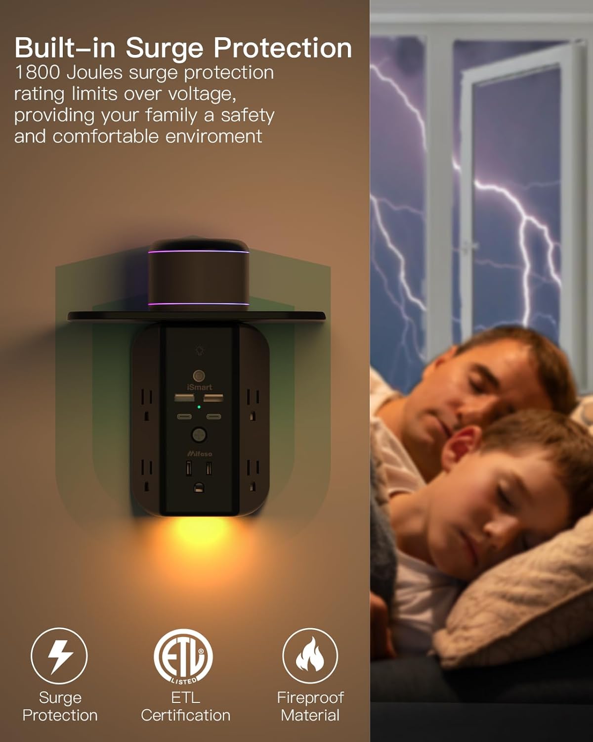 Wall Outlet Extender with Shelf and Night Light, Surge Protector, USB Wall Charger with 5 AC Outlets and 2 USB A Ports 2 USB C Ports Wide Space 3-Sided Power Strip Multi Plug Outlets, Black