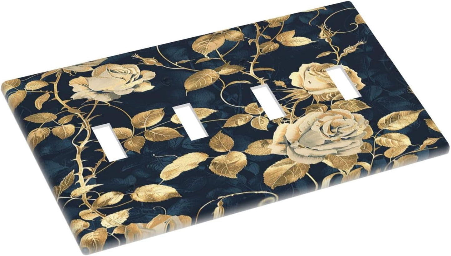 Light Switch Covers Boho Vintage Floral Golden Flower Dark Blue Background Quad Toggle Electrical Faceplate 4 Gang Wall Plate Decorative Switch Plates for Bedroom living Room Decor