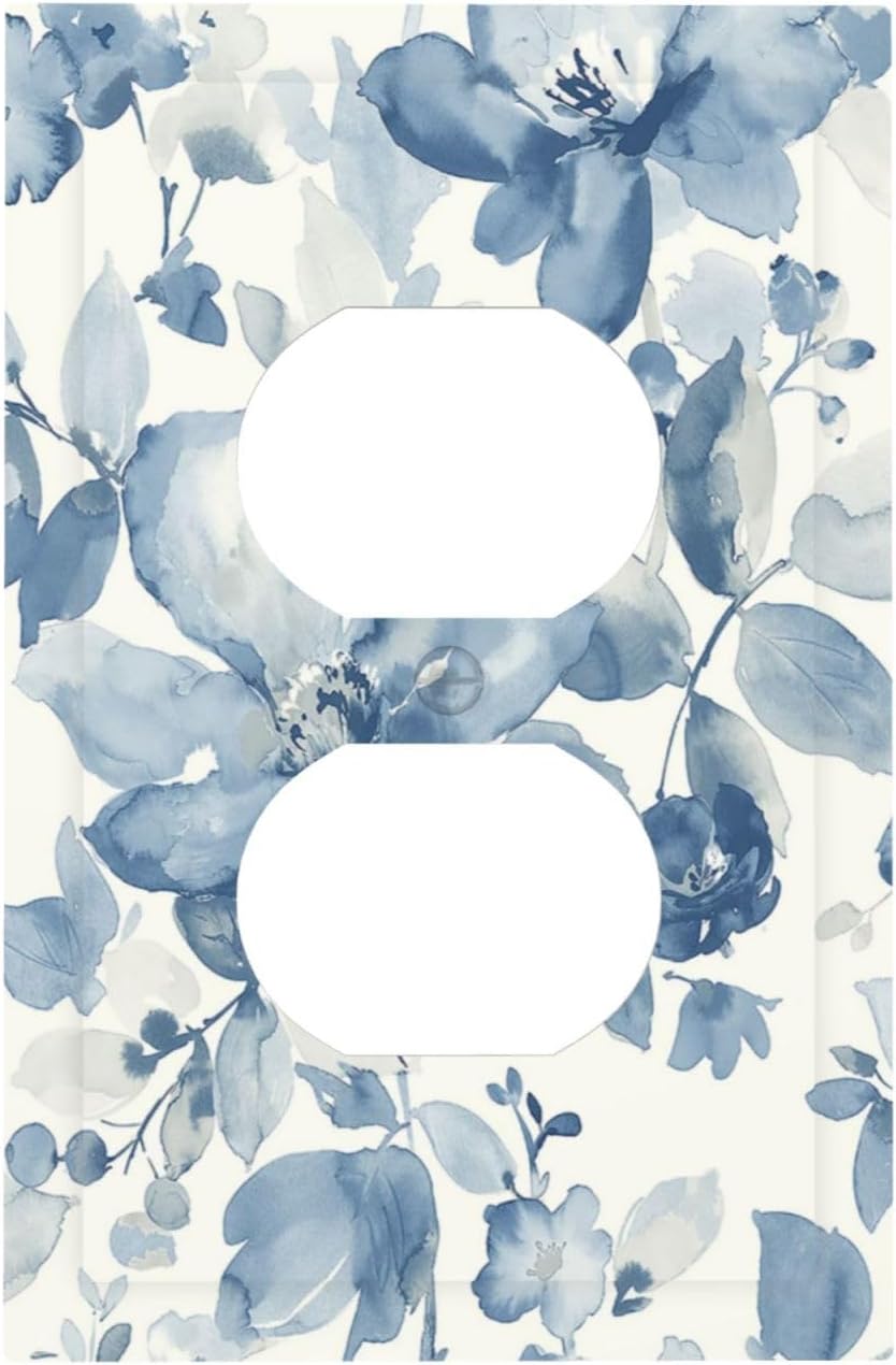 Outlet Covers Blue Watercolor Floral 1 Gang Duplex Wall Plate Decorative Switch Plates Electrical Receptacle Faceplate Light Switch Cover for Bedroom Bathroom Decor
