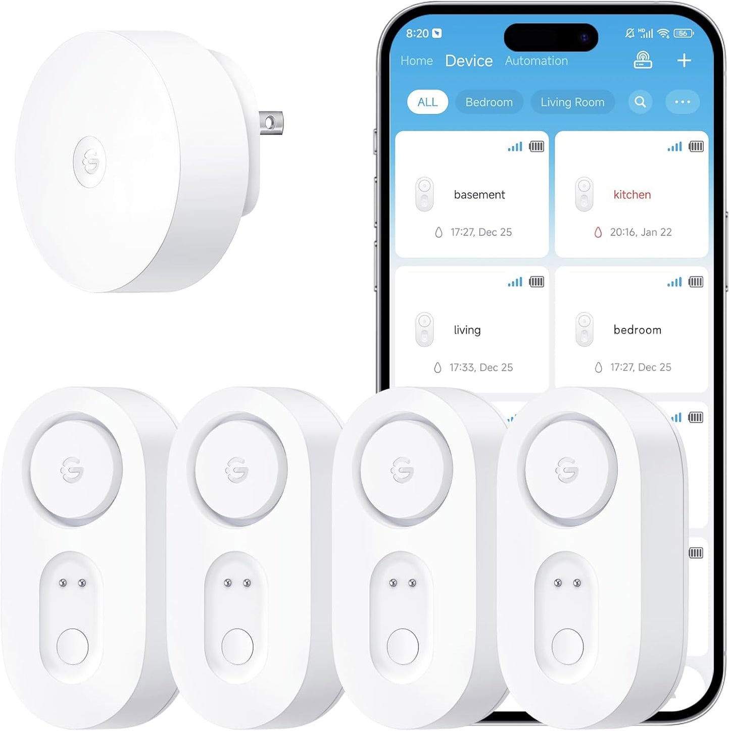 GoveeLife Upgraded Smart Water Leak Detector 1s with 1804ft Ultra-Long Range, WiFi Water Sensor with SMS/Email/APP Push and Sound Alarm, 5-Year Battery Life, Suit for Home, Basement, Kitchen, 4 Pack