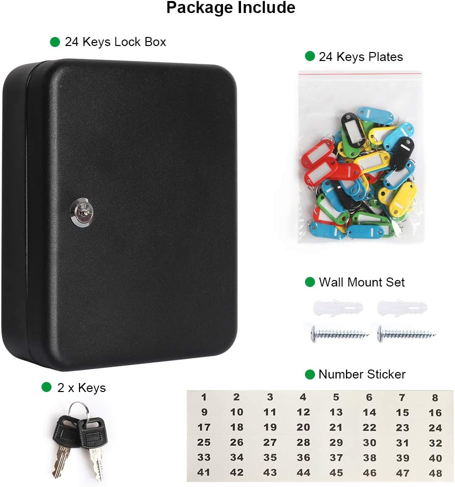 Jssmst Lock Keyboxes Wall Mount Security Key Storage Box, Locking Key Cabinet Wall Mount with 24 Key Hooks & Tags Key Labels, 9.84 x 7.87 x 2.95 inches, Black Matt