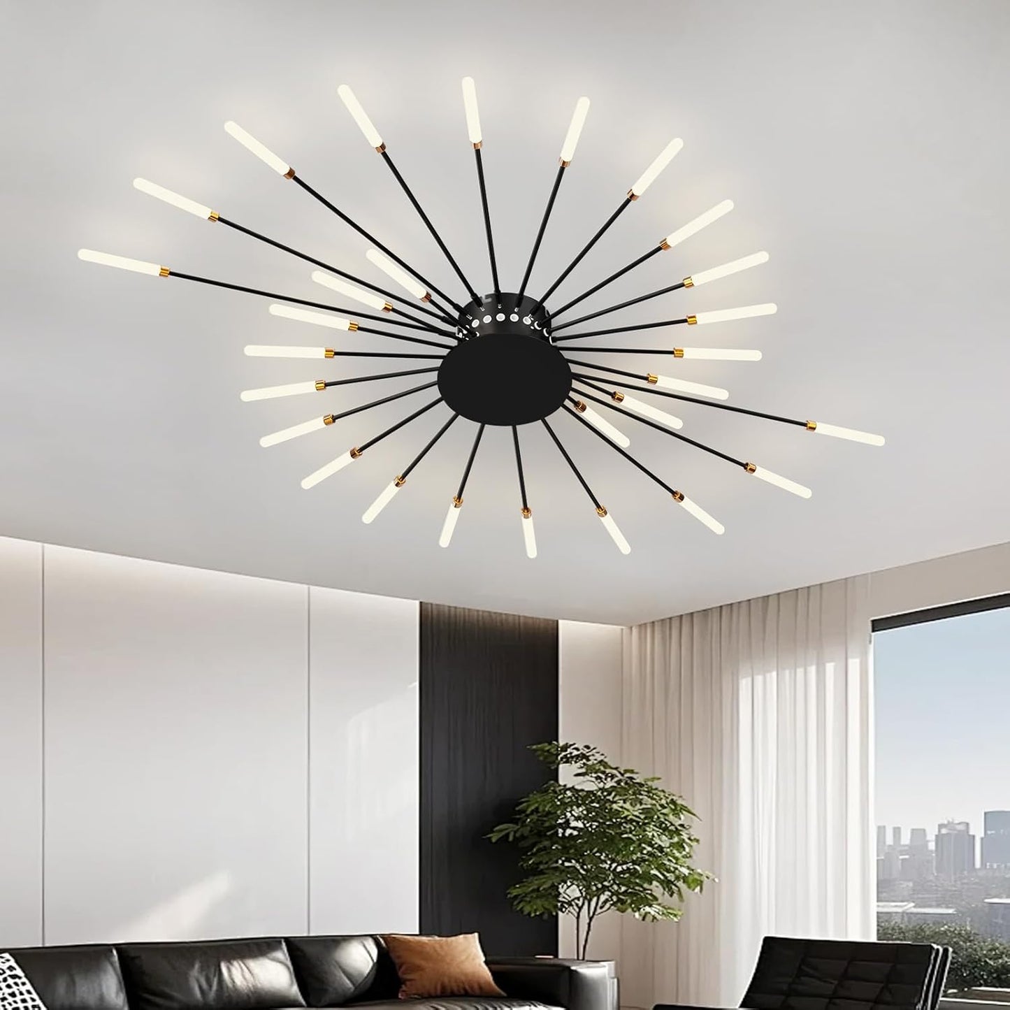 Modern Ceiling Light Flower Shape, Metal Firework Ceiling Lamp with Plug-in LED Source, Lighting Fixture for Living Room Dining Room Bedroom, Natural Light