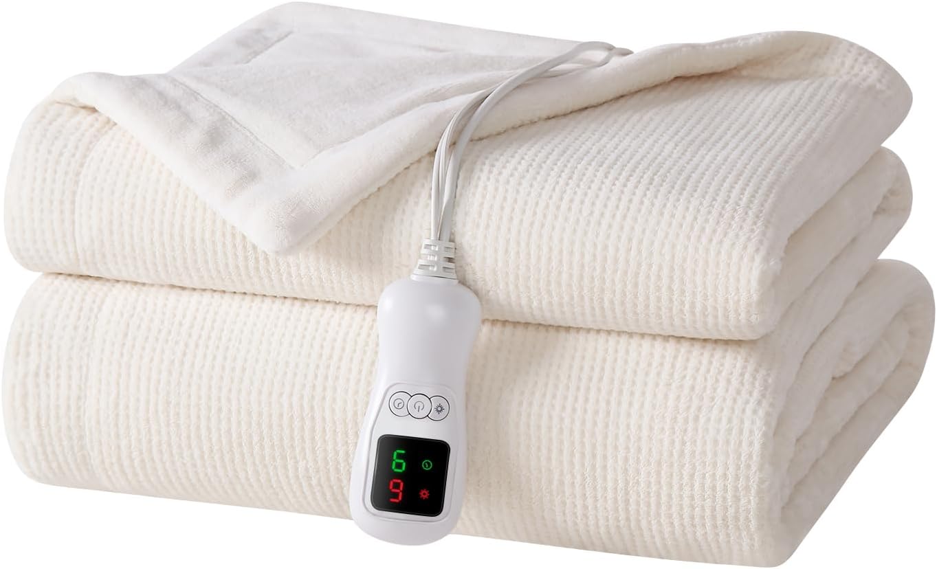 Electric Heated Blanket Throw Size, Washable Blanket Warmer for Home for Adults, Fast Heating Super Cozy Soft Fabric, 50" x 60", 9 Heat Levels, 1-9H Auto-Off, ETL Certified, Cream