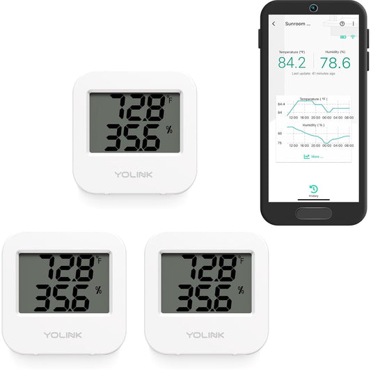 YoLink Smart Wireless Temperature & Humidity Sensor, 3-Pack, Wide Temp Range for Fridge, Green House, Pet Cage, App Alerts, Emails, Text/SMS alerts- Hub Required