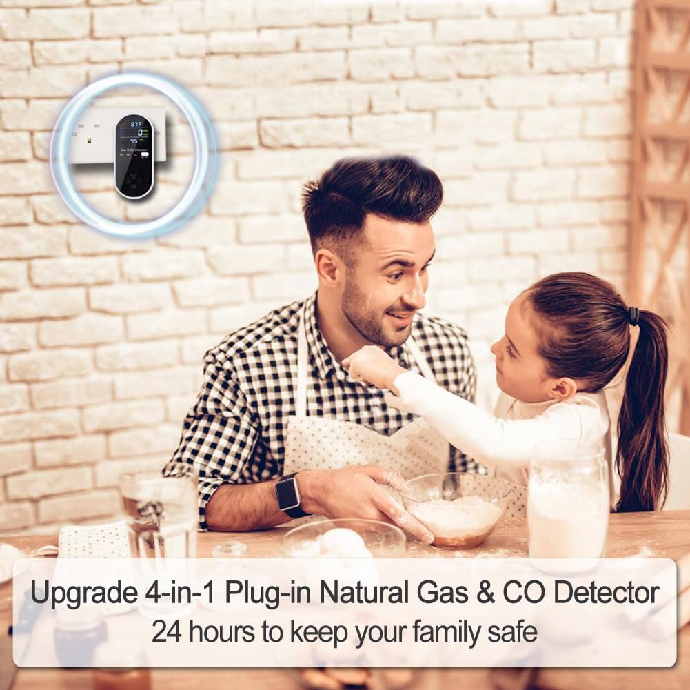 Carbon Monoxide and Gas Detectors, Plug in Carbon Monoxide Detector & Natural Gas Combination Detectors with Clear LCD Display, 4-in-1 CO & Gas Detector with Temperature and Humidity Display