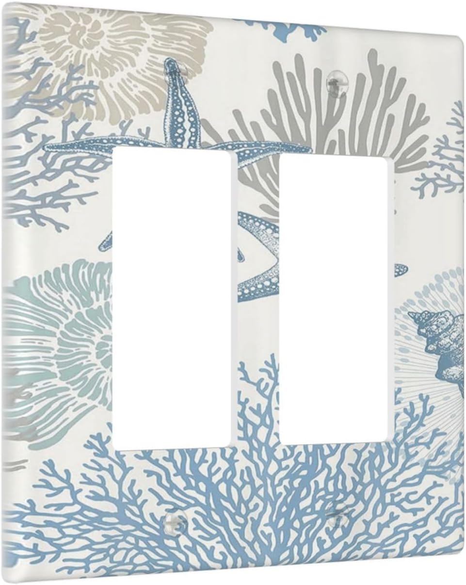 Decorative Outlet Covers Blue Starfish Coral Seaweed 2 Gang Light Switch Cover Plate Double Rocker Wall Plate Switch Plate Covers Faceplate for Bathroom Bedroom Decor （2 Pack）