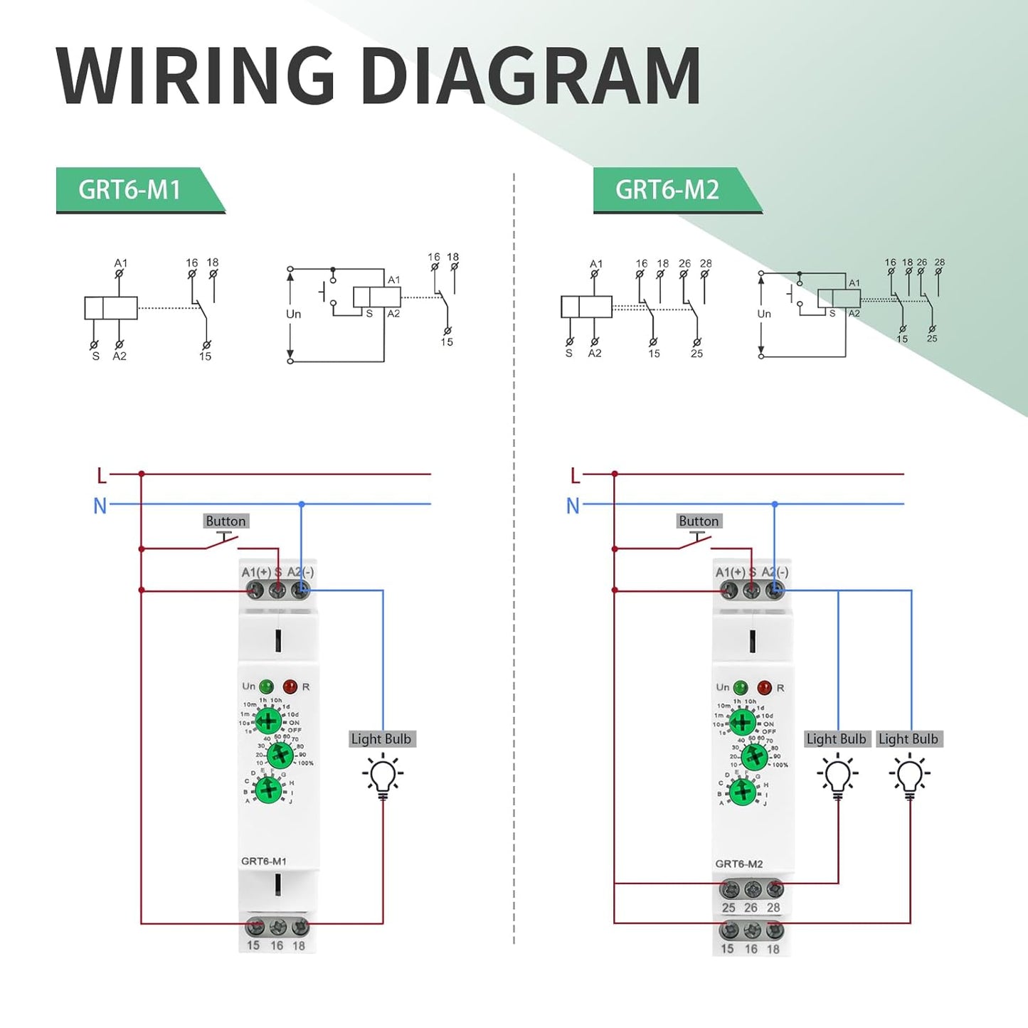 Multifunction Time Relay, Delay ON Off 10A GRT6 M1 AC DC 24-240V with 10 Relay Timer Control Delay Function Mode DIN Rail Electronic Relays of Wide Time Delay Range for 0.1 Seconds to 10 Days