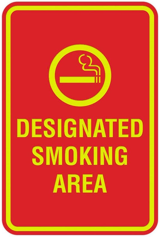 Signs ByLITA Portrait Round Designated Smoking Area Sign with Adhesive Tape, Mounts On Any Surface, Weather Resistant, Indoor/Outdoor Use (Red/Yellow) - Small