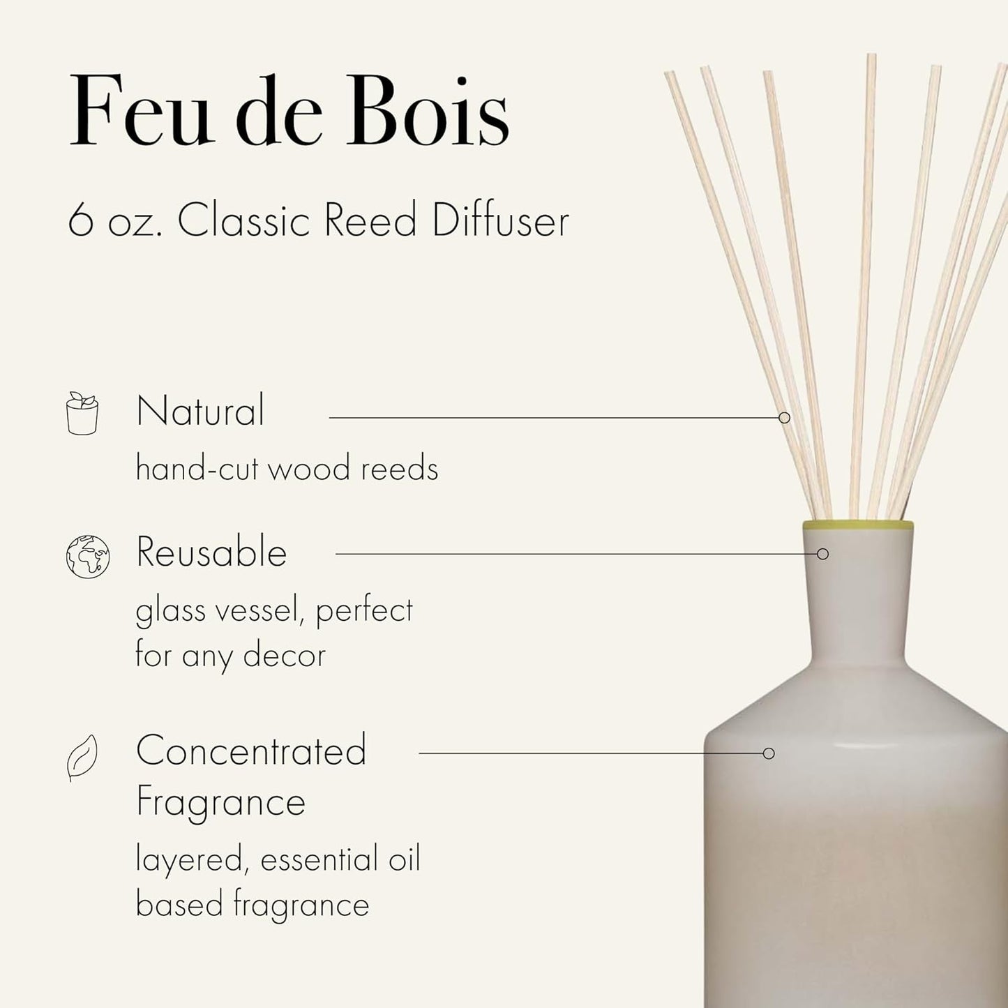 LAFCO New York Classic Reed Diffuser, Feu de Bois - 6 oz - Up to 3 Months Fragrance Life - Reusable Glass Vessel - Natural Wood Reeds - Made in The USA