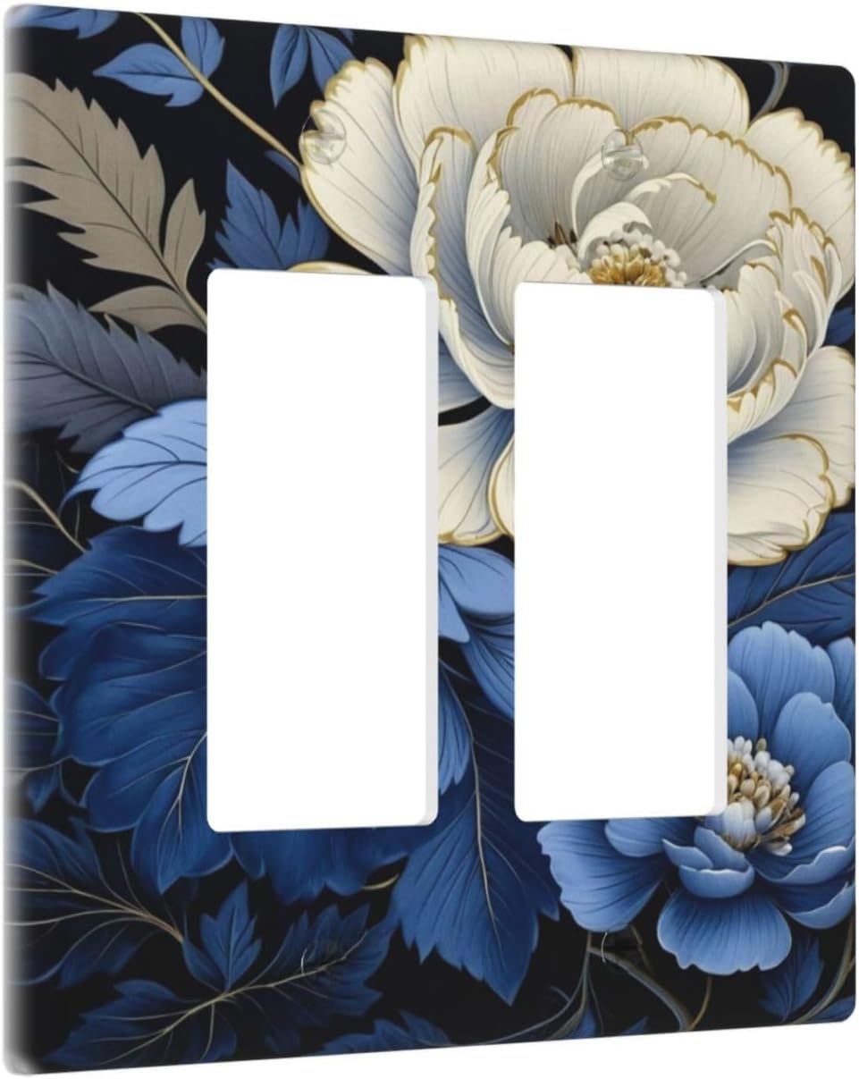Blue White Flowers Dual Outlet Covers Wall Plate 2 Gang Rocker Decora Decorative Switchplate Electrical Faceplate GFCI Light Switch Covers for Farmhouse Living Decor