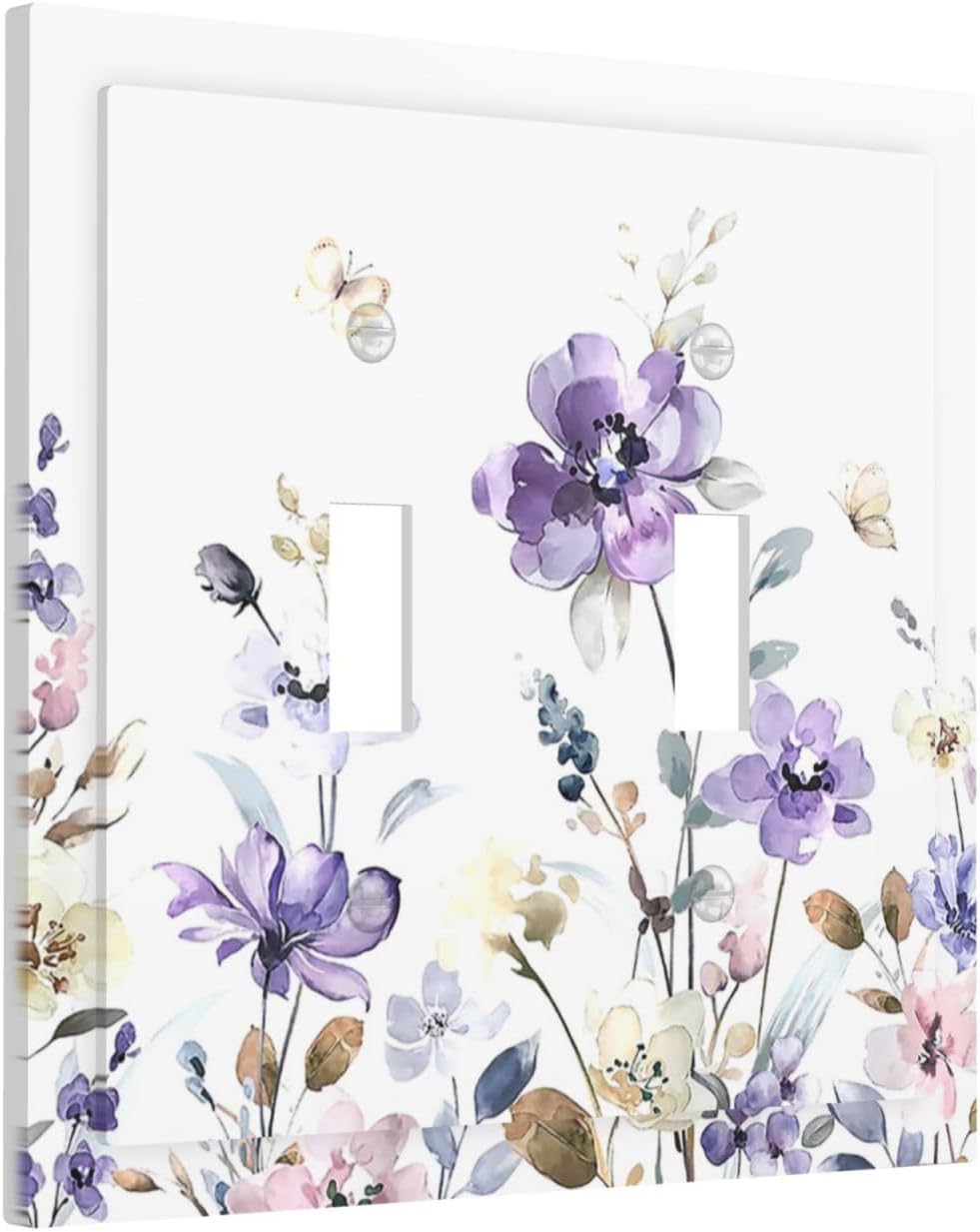Decorative Switch Plates Purple Floral Lilac Watercolor Flower Leaves Butterfly Wildflower 2 Gang Double Toggle Wall Plate Outlet Light Switch Cover Electrical Faceplate for Bedroom Home Decor