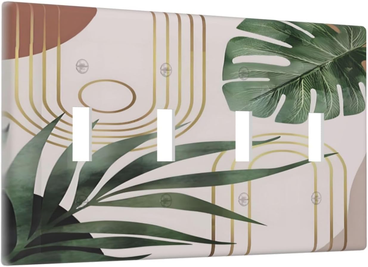 Decorative Light Switch Plate Covers Boho Mid Century Abstract Arch Green Leaves 4 Gang Light Switch Cover Plate Quad Toggle Wall Plate Outlet Covers for Bedroom Home Decor
