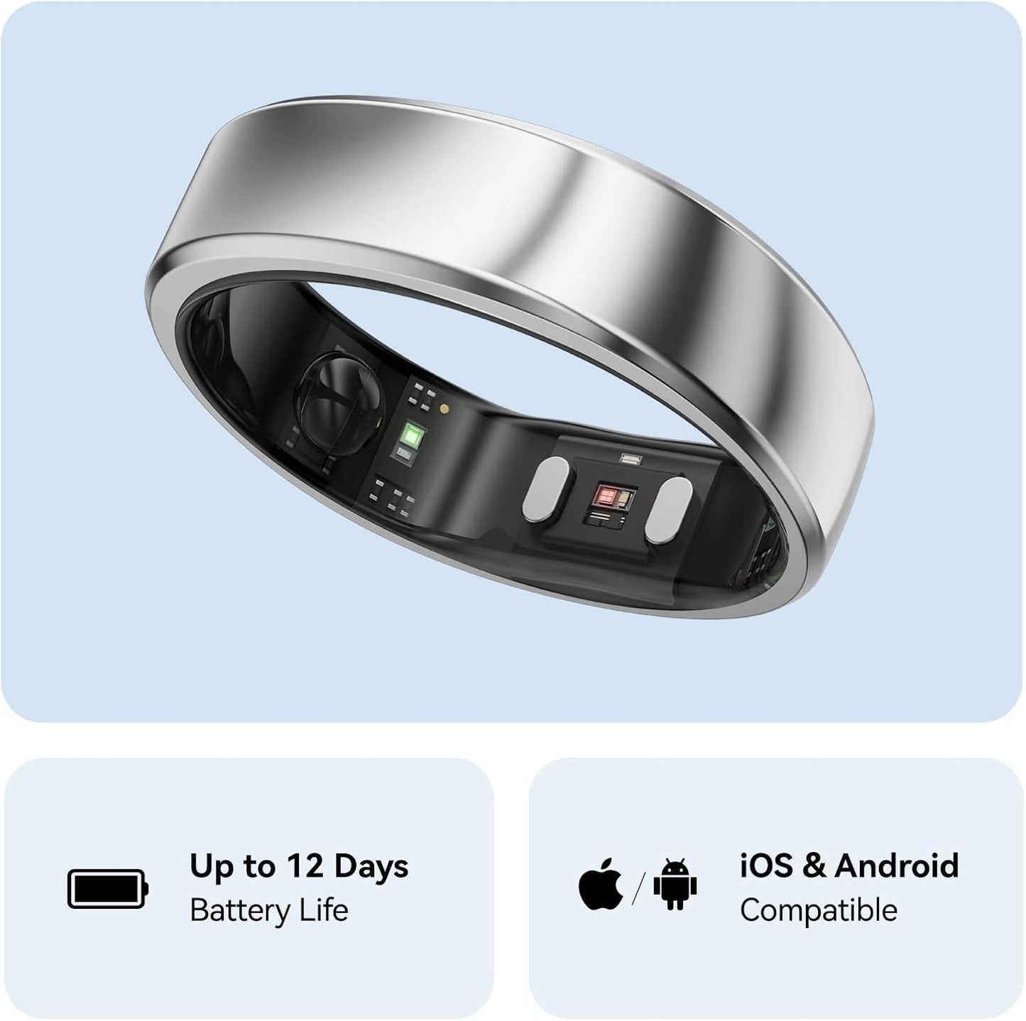 RingConn Gen 2, World’s First Smart Ring with Sleep Apnea Monitoring, No APP Subscription, 12-Day Battery Life, Stress/Heart Rate/Women's Health Tracker, Android & iOS Compatible (Silver, Size 7)