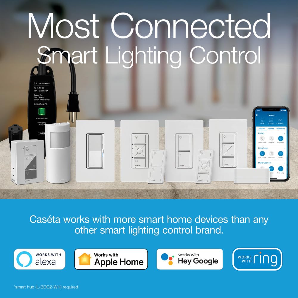 Lutron Diva Smart Dimmer Light Switch for Caseta Lighting (Lutron Smart Hub Required), for LED Lights, 150W, Single-Pole/3-Way, No Neutral, Ivory (DVRF-6L-IV)
