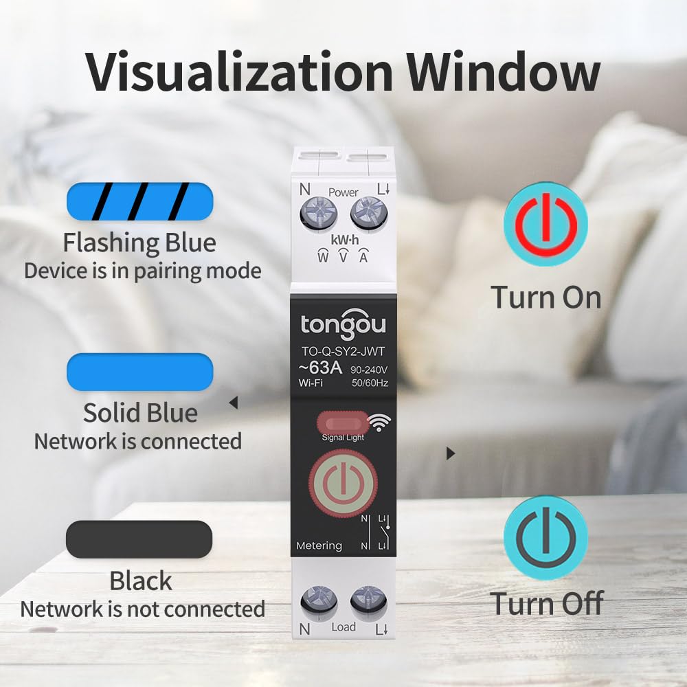 Smart Home DIN Rail WiFi Switch, 1P+N 1‑63A, Over-Current Protection, Tuya/Smart Life Remote Control, Voice Control via Alexa &Google Assistant, Energy Monitor, Timer Functions, FCC Certified