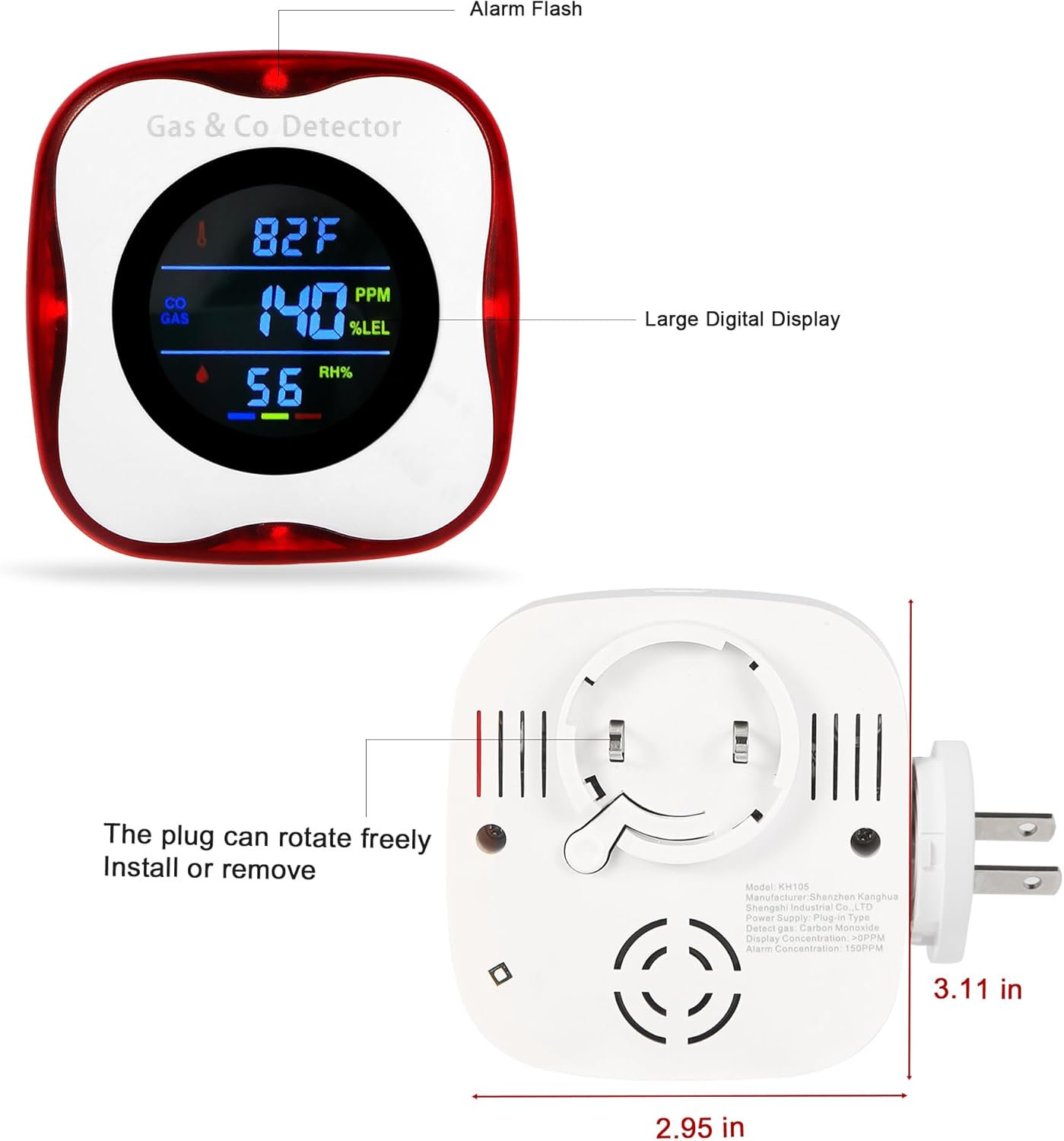 Plug in Gas & Carbon Monoxide Detector,4-in-1 Natural Gas Leak Detector,Carbon Monoxide Alarm,°F&Humidity,Combination CO & Propane Detector for Home,RV