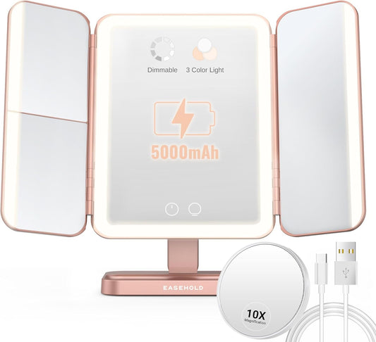 EASEHOLD Rechargable Makeup Mirror Vanity Mirror with Lights, 5000Mah & USB Cable, 112 LEDs Lighted Trifold Mirror with 1X 2X 3X 10X Magnification, Smart Touch, Portable Cosmetic Beauty Mirror