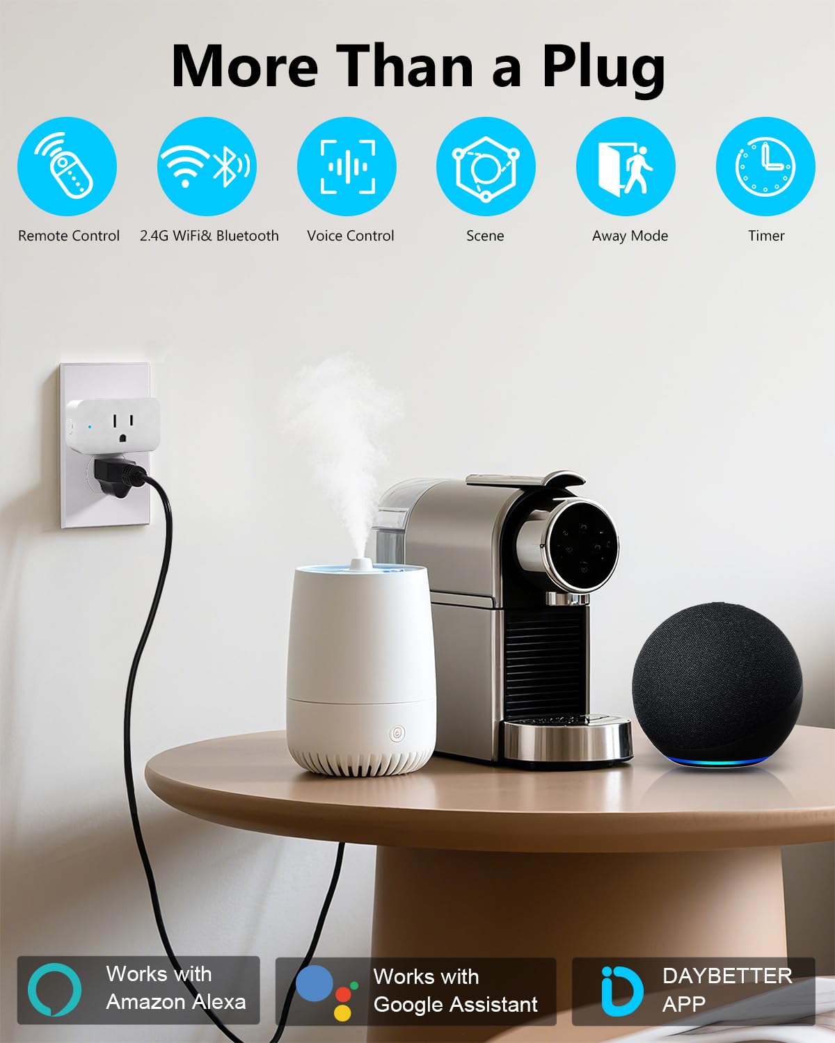 DAYBETTER Smart Plug 15A/1800W, Smart Plugs Compatible with Alexa and Google Home, 2.4GHz WiFi Bluetooth Alexa Smart Plugs, Smart Outlet with APP Control, Timer & Schedule, 2Pack