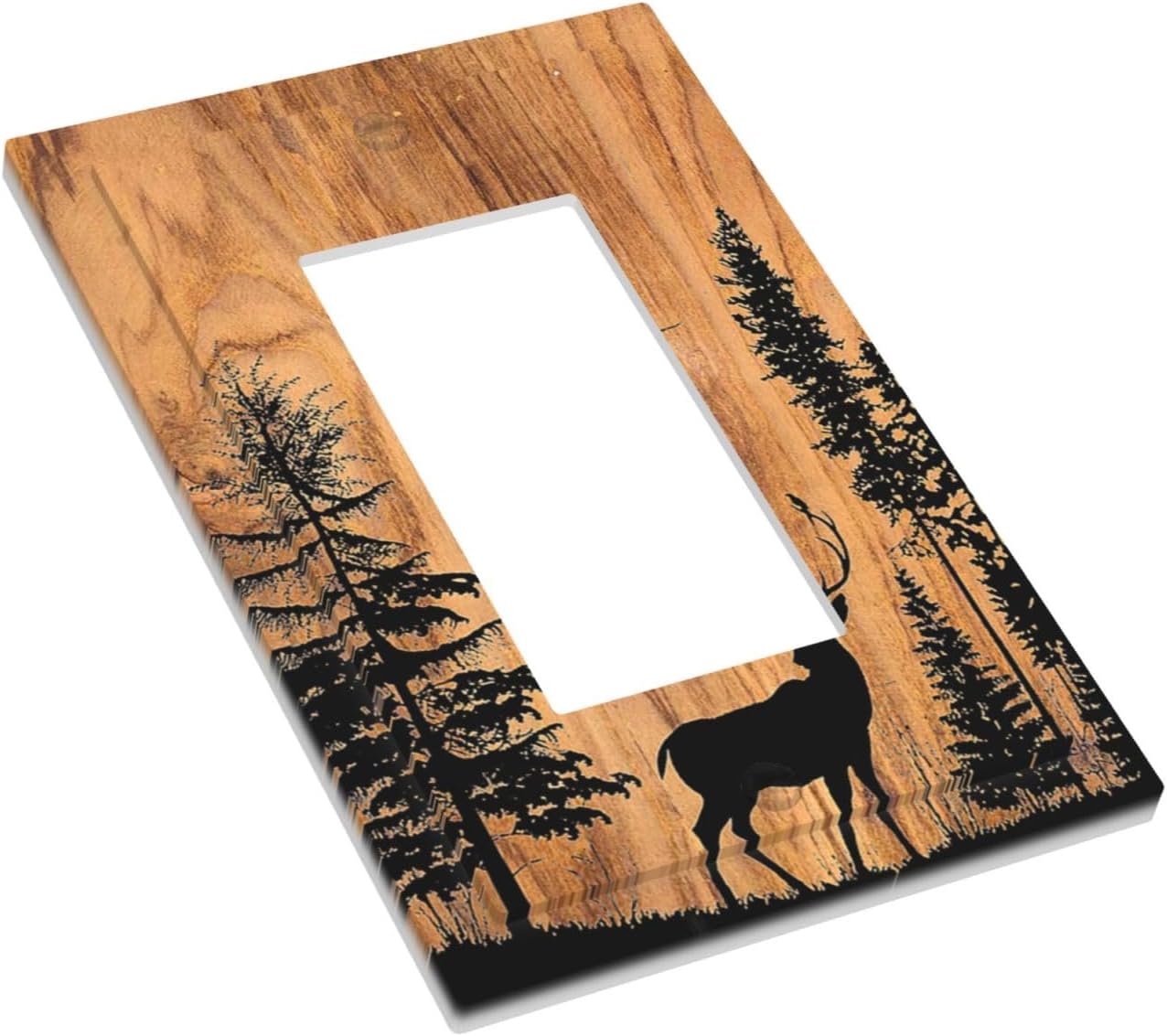 Decorative Outlet Covers Rustic Farmhouse Orange Brown Pine Tree Deer Wood Grain 1 Gang Single Rocker Light Switch Cover Plate Wall Plates GFCI Faceplate for living Room Cabin Decor