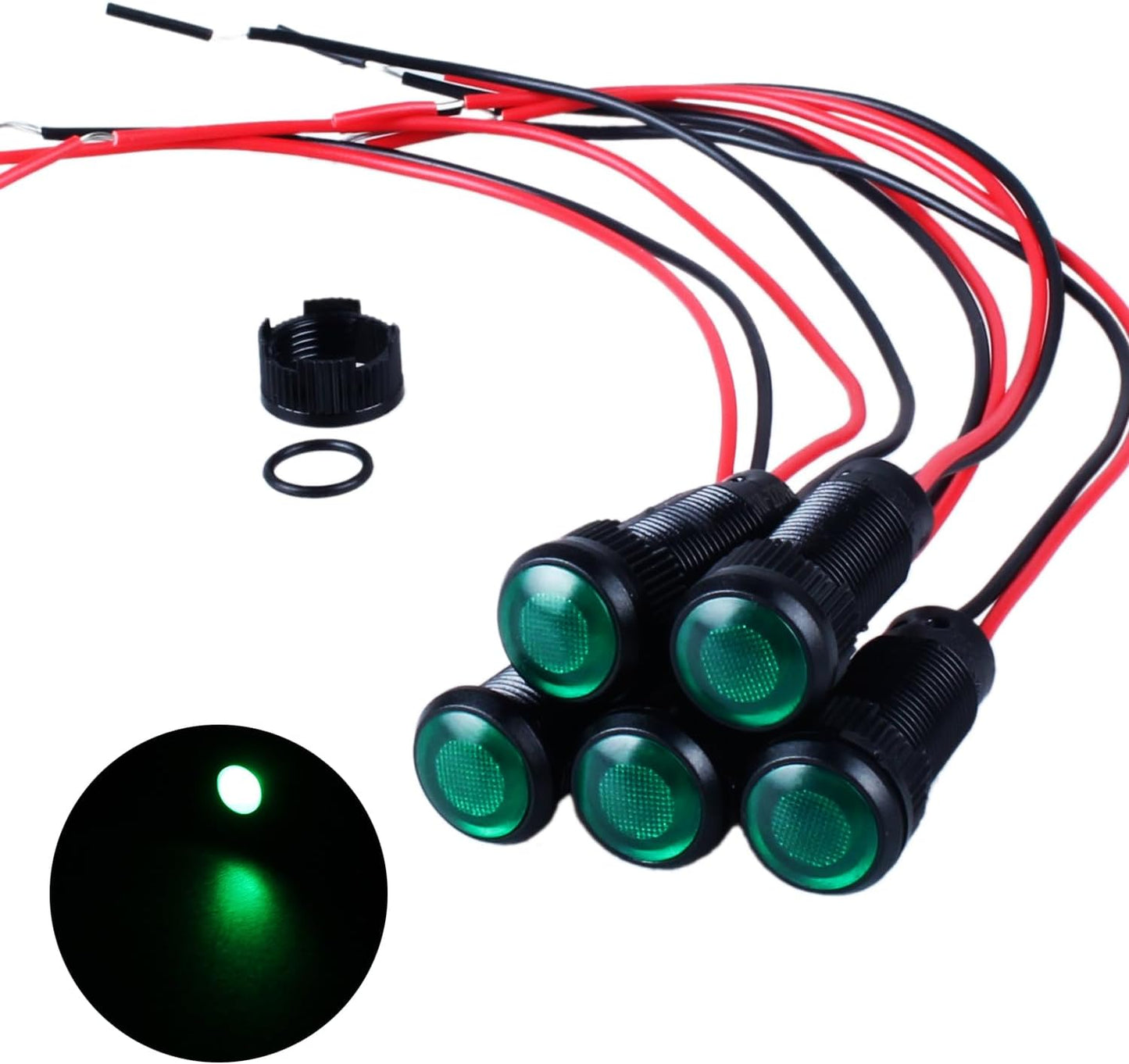 5pcs 10mm LED Indicator Light Plastic Black Signal Dot Lamp 110-220VAC 2/5" Mounting Hole Size with 15cm/5.9in. Wire (Green LED)