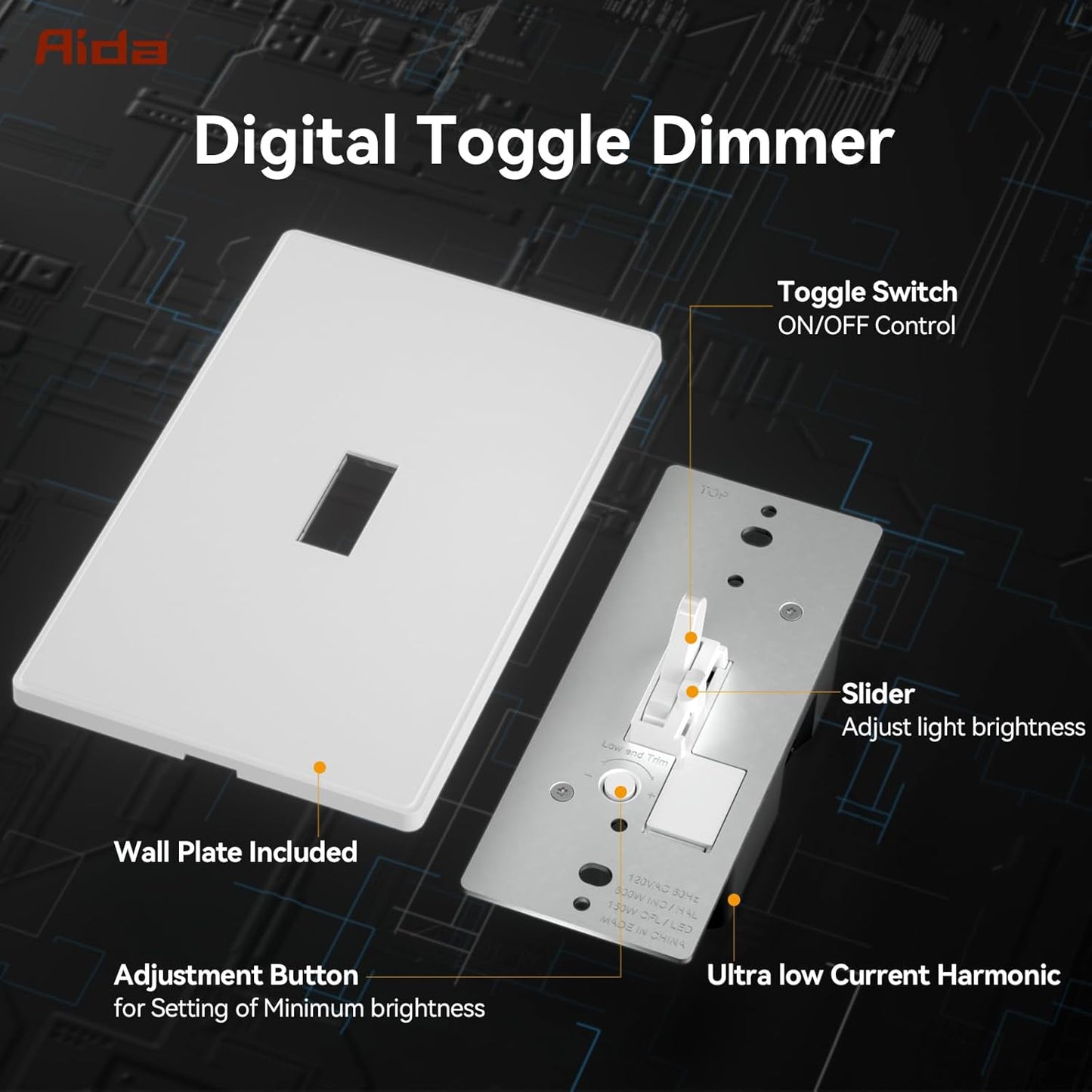 AIDA Digital Toggle Dimmer Switch for Dimmable LED, CFL & Incandescent Bulbs, Single Pole/3-Way, Screwless Wall Plate Included, UL Listed, No Neutral Wire Needed, Matte White (2 Pack)