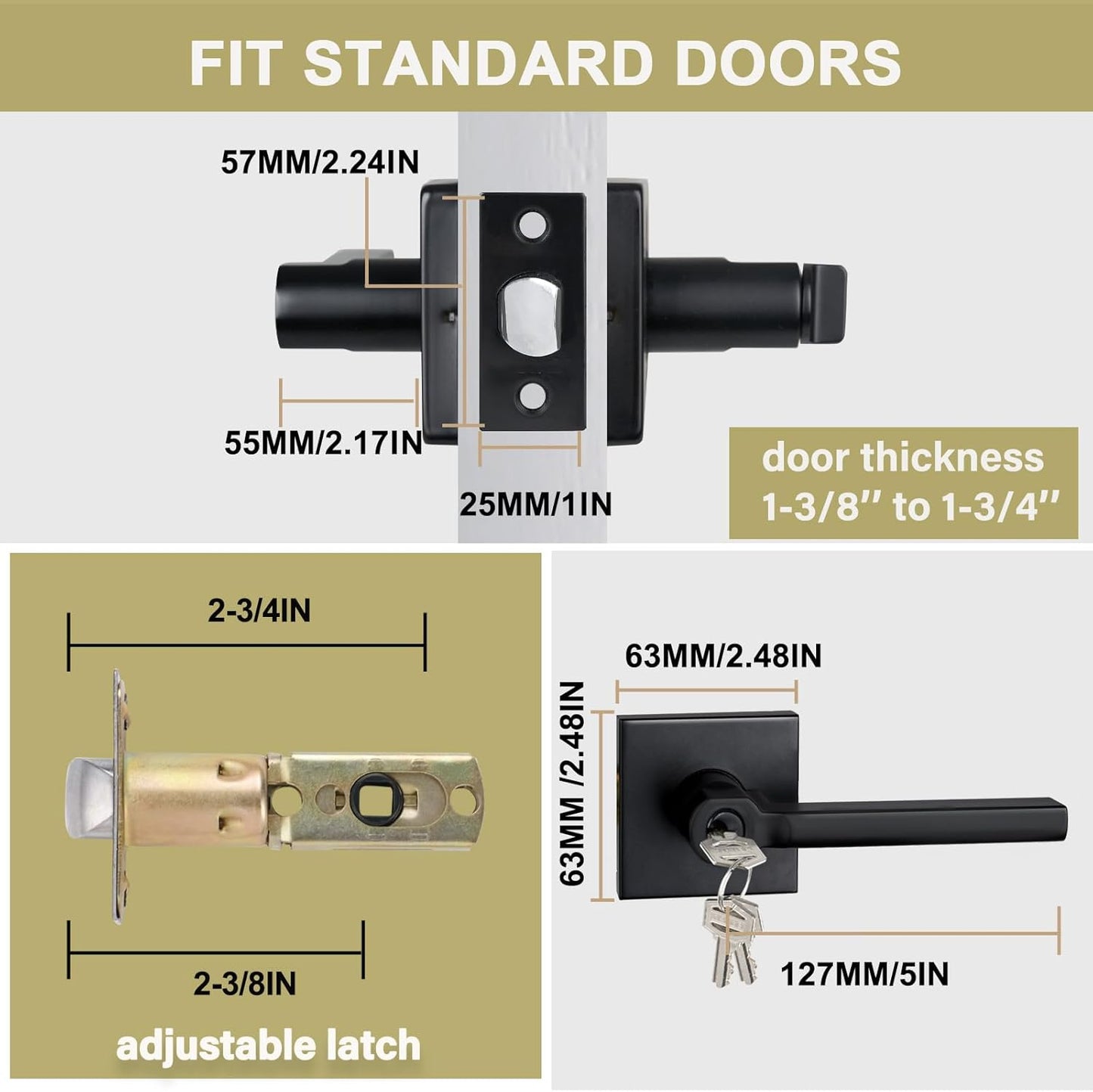 Keyed Entry Door Lever with Lock, Heavy Duty Square Interior Handle for Front Door and Office, Matte Black, Reversible for Right&Left Handed, 15Packs